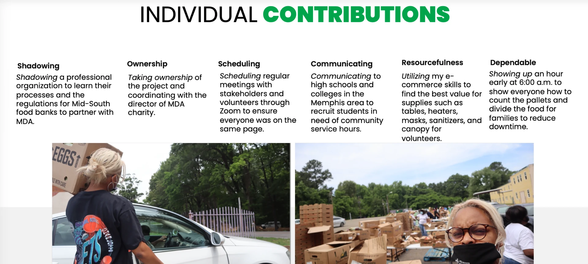 Breakdown of individual contributions to the pantry project, covering shadowing, ownership, scheduling, communicating, resourcefulness, and dependability